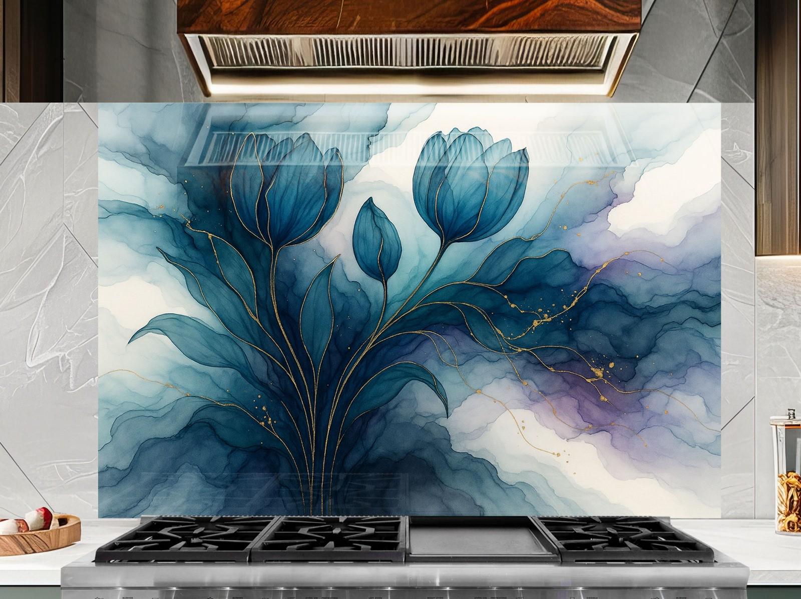 a stove top with a painting on the back of it