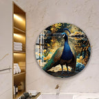 a large circular wall art depicting a peacock standing on a rock, surrounded by a lush garden with yellow flowers.
