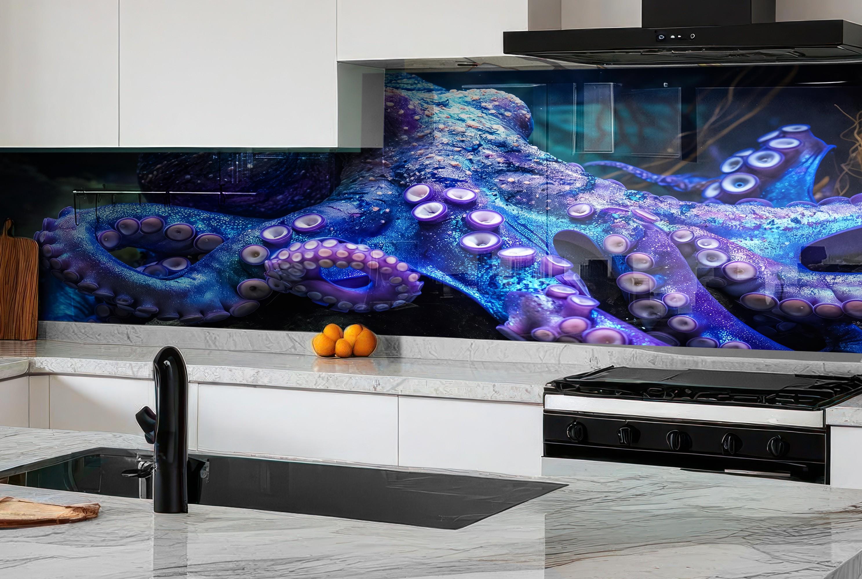 a kitchen with an octopus mural on the wall