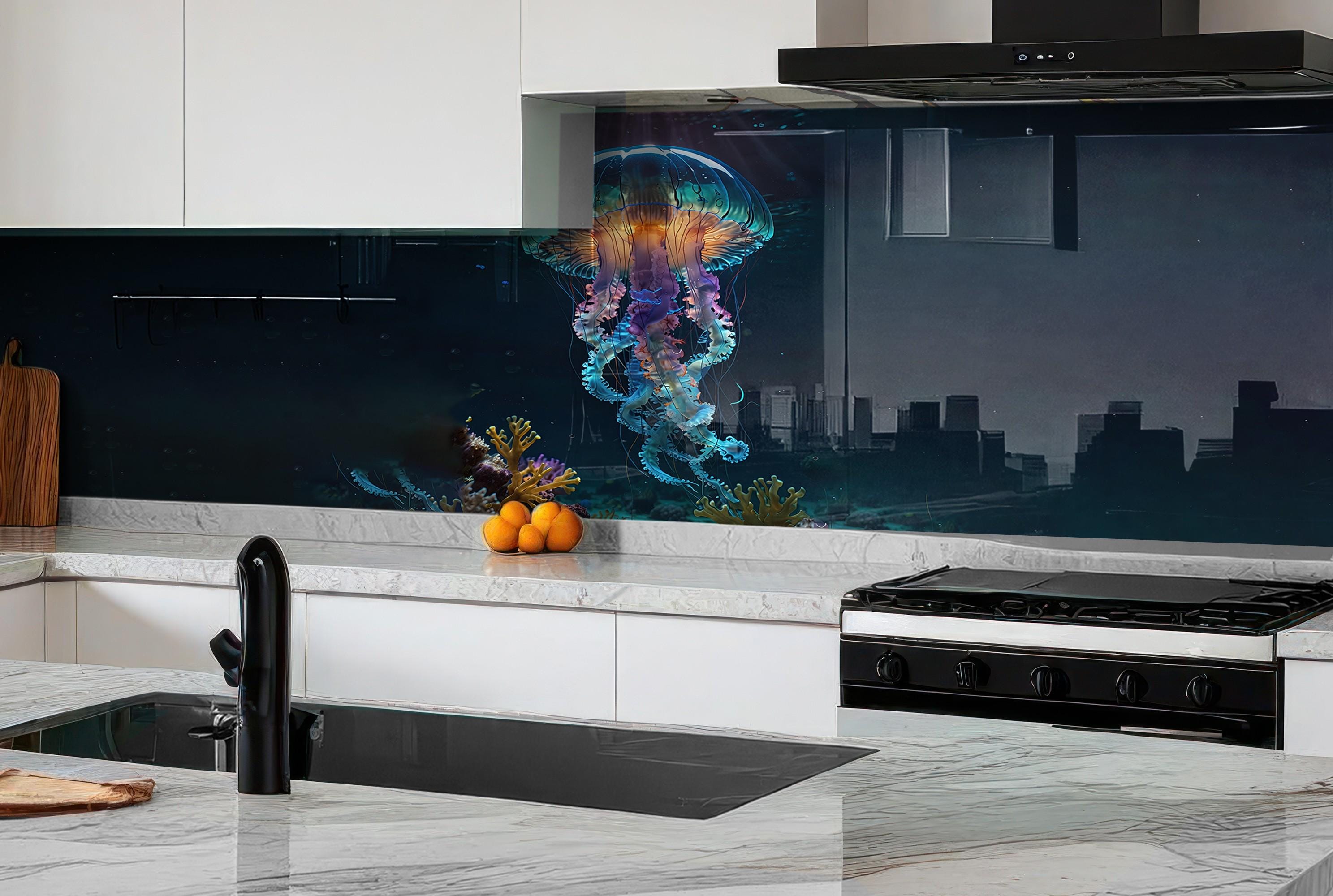 a kitchen counter with a painting of a jellyfish on it
