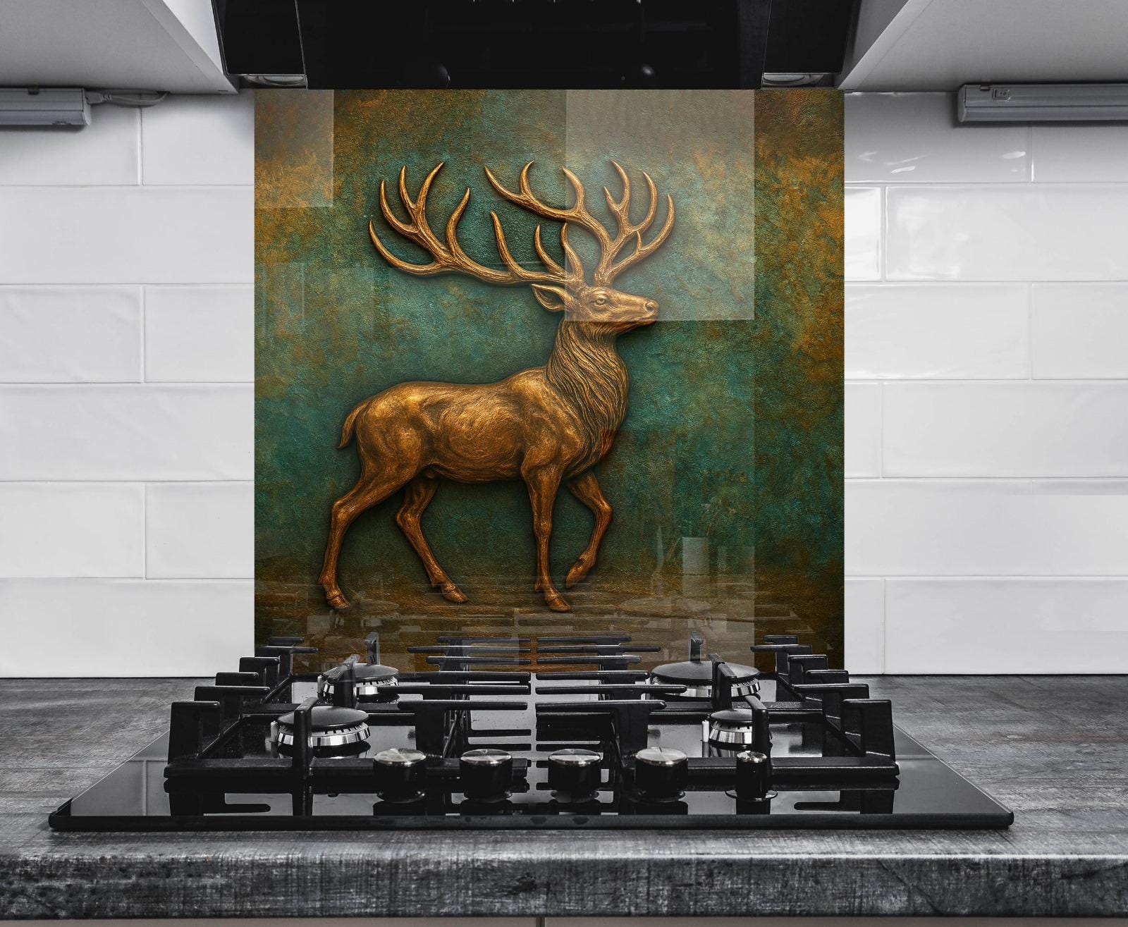 a painting of a deer on a green wall