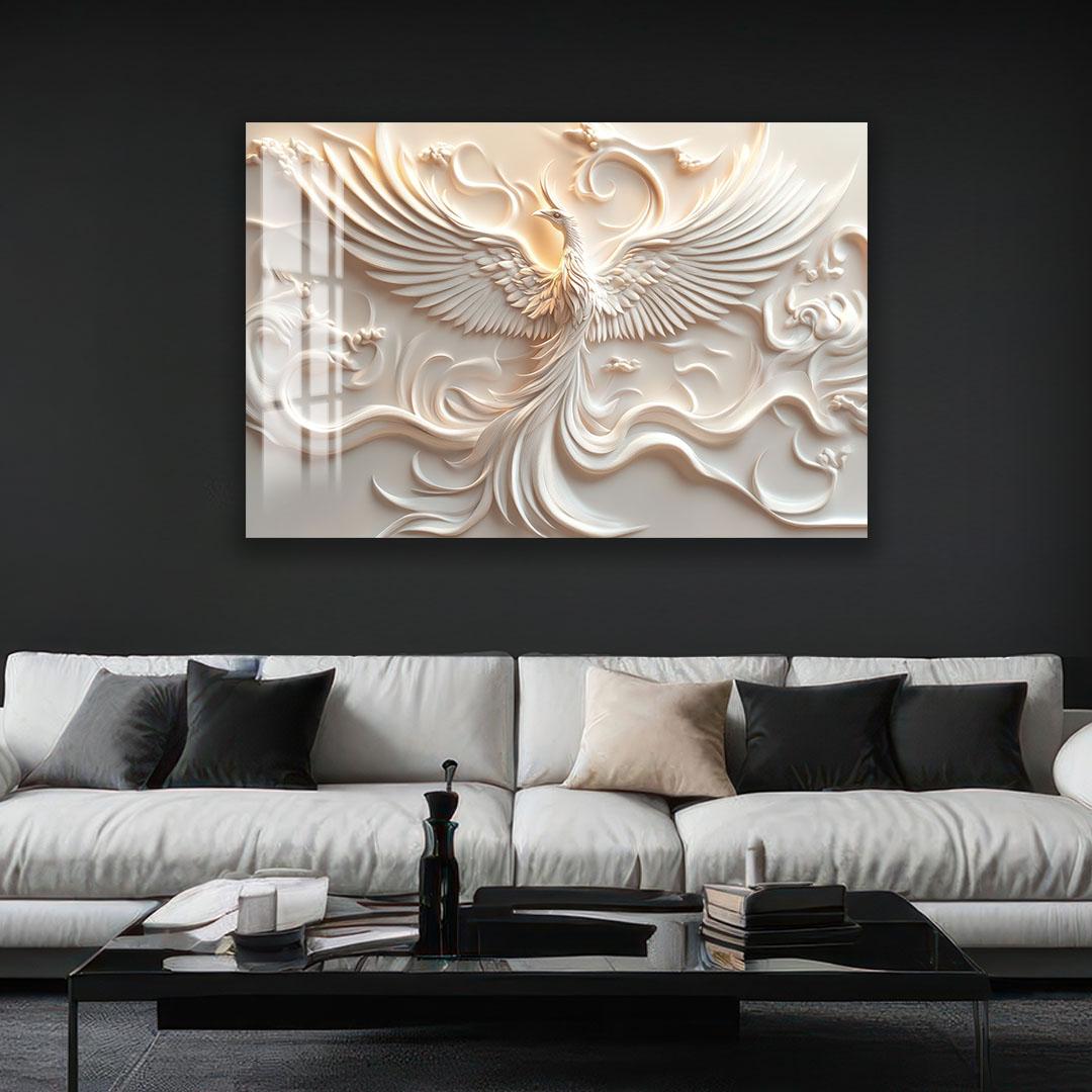 a large, ornate, and intricately carved artwork of a phoenix, a mythical bird, displayed on the wall above a white sofa in a living room setting.