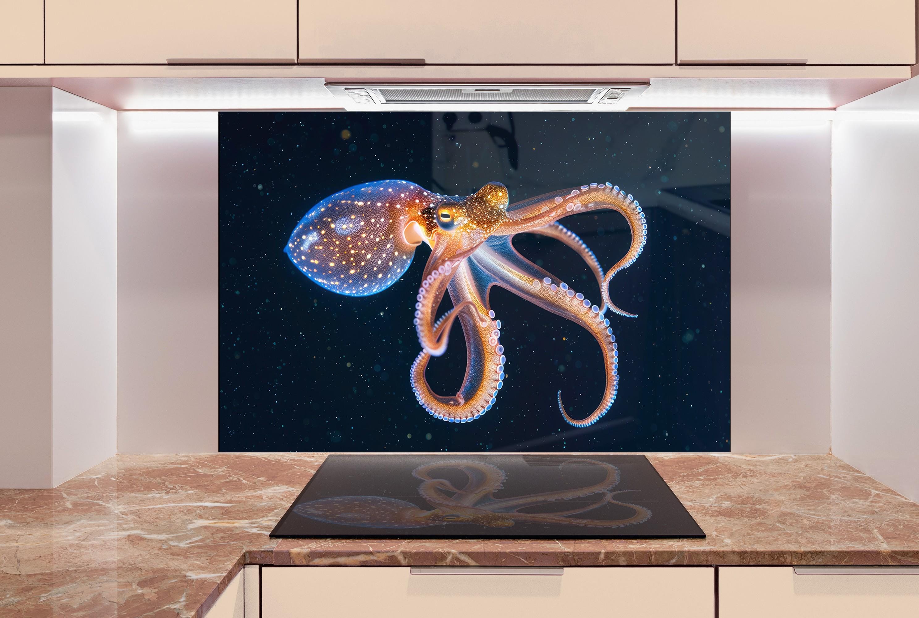 Octopus Tempered Glass Backsplash: Midnight Gold Swirl Art Panel