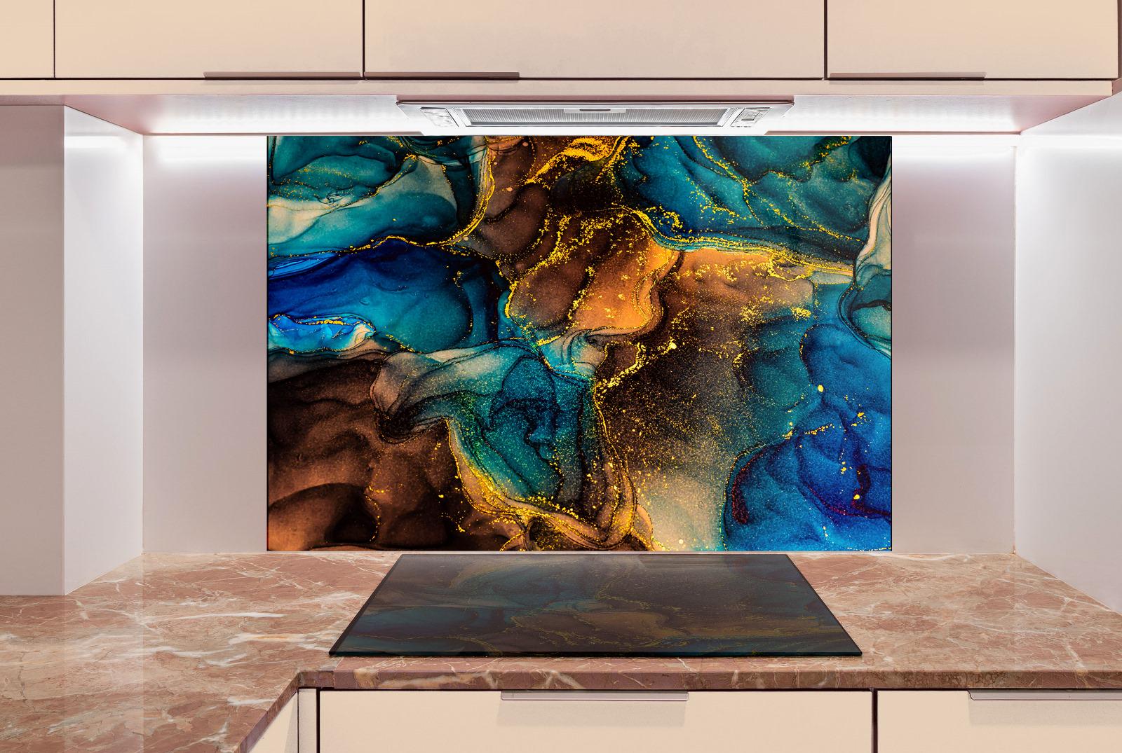 a large abstract painting with vibrant colors and swirling patterns, displayed on a wall above a kitchen counter.