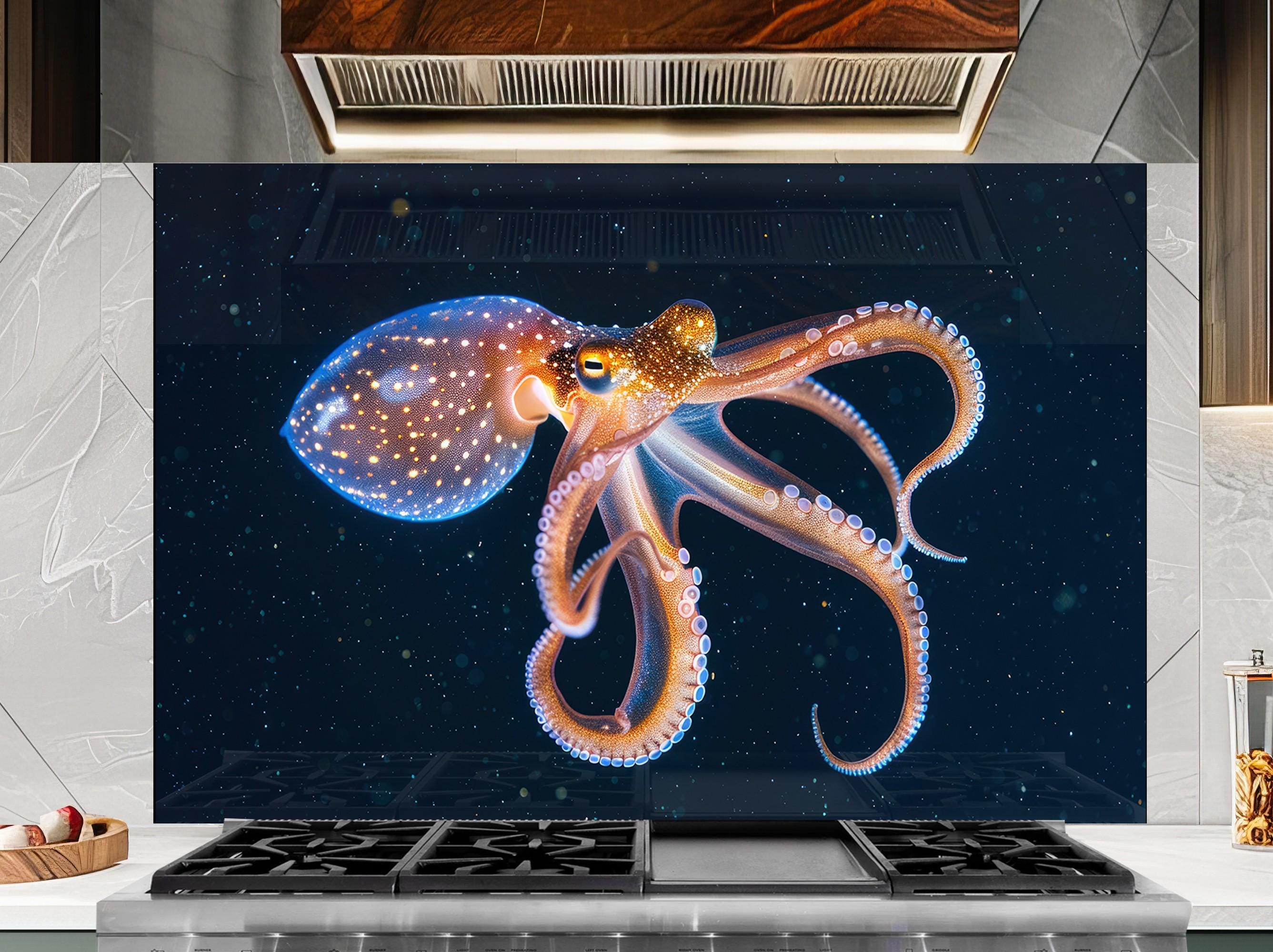 Octopus Tempered Glass Backsplash: Midnight Gold Swirl Art Panel