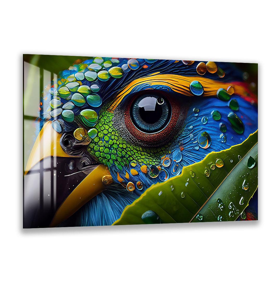 A close-up of a colorful bird's eye, with intricate patterns and textures covering the iris and surrounding feathers.