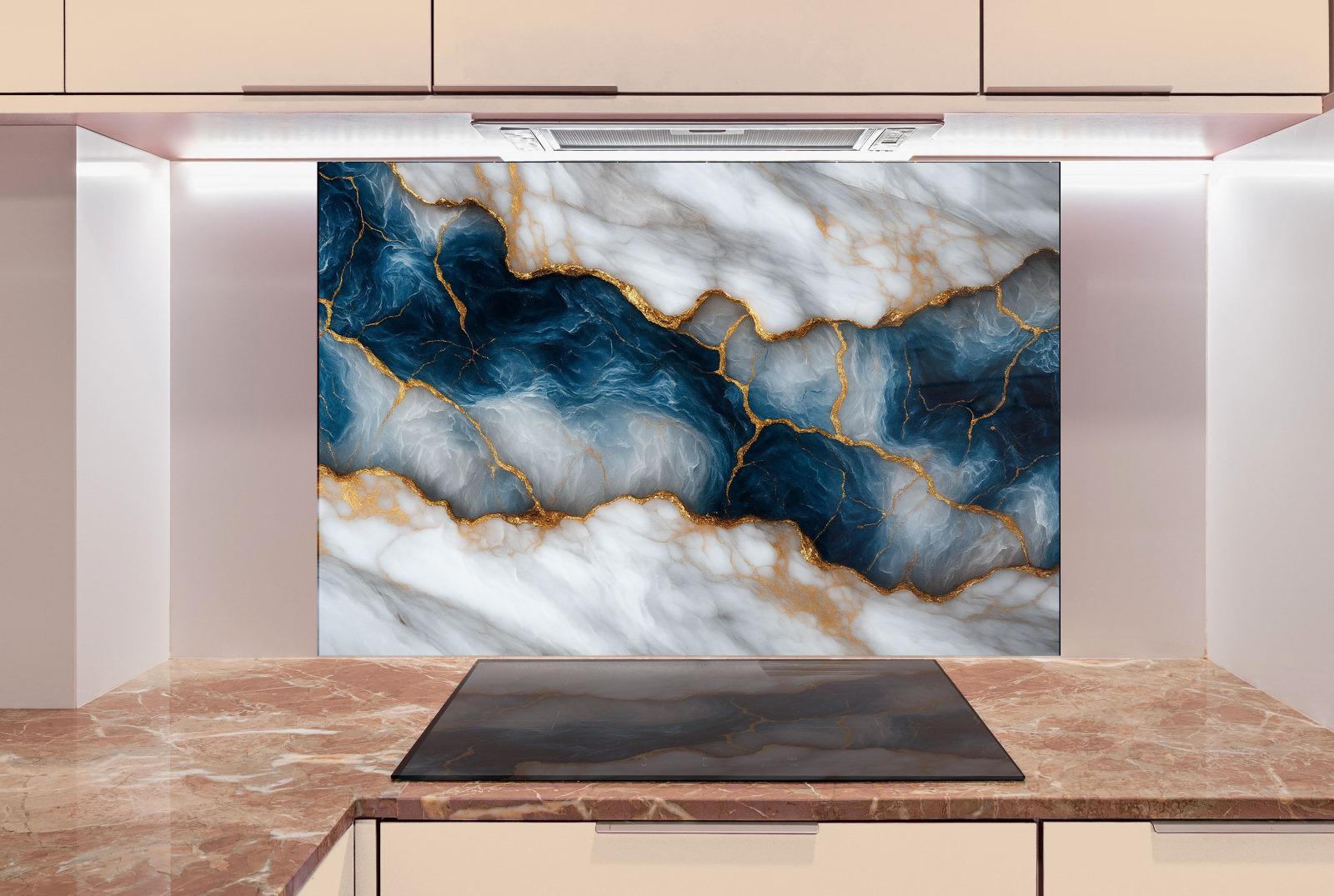 a kitchen with marble counter tops and a painting on the wall