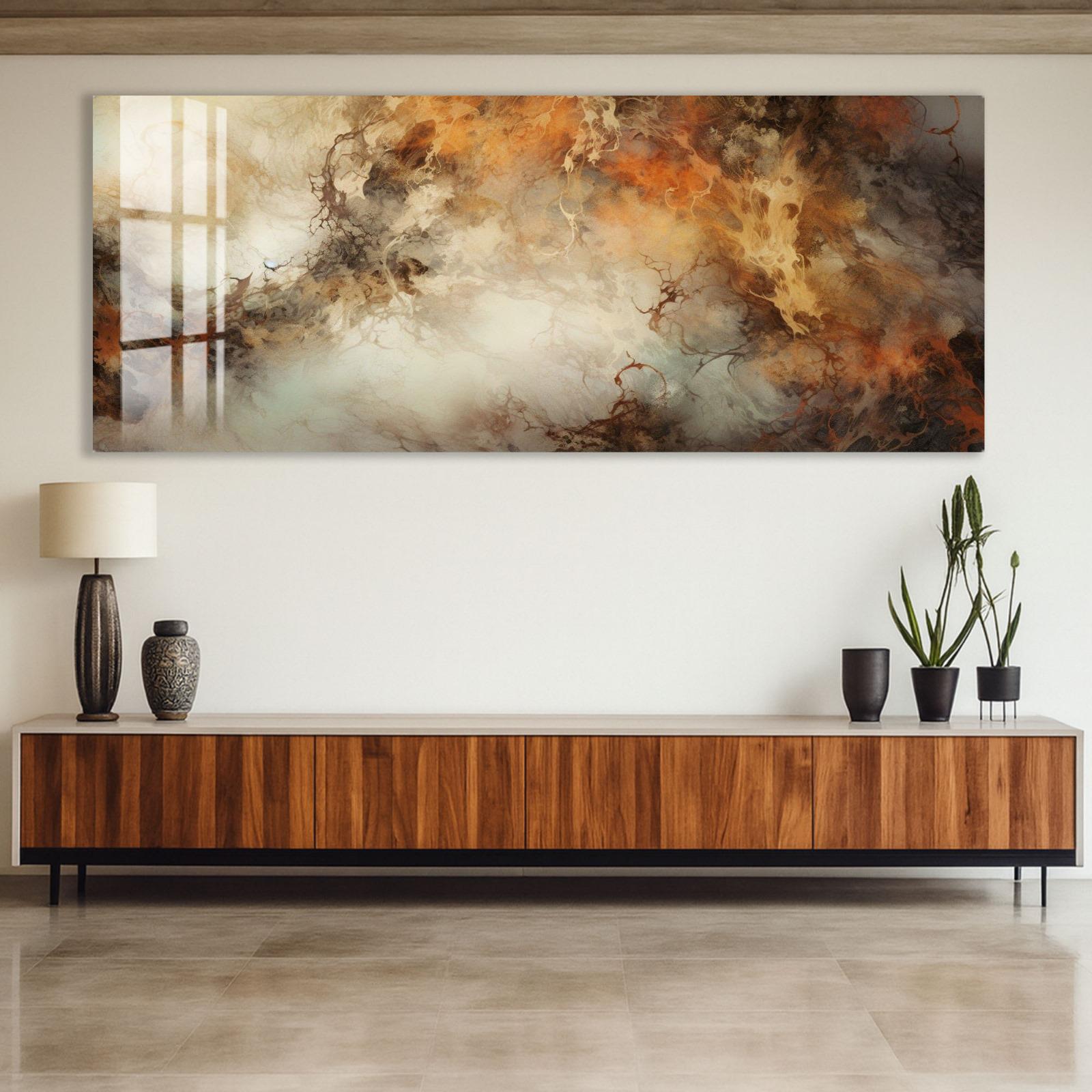 a large abstract painting hanging on a wall above a wooden cabinet with a black and white vase on top.