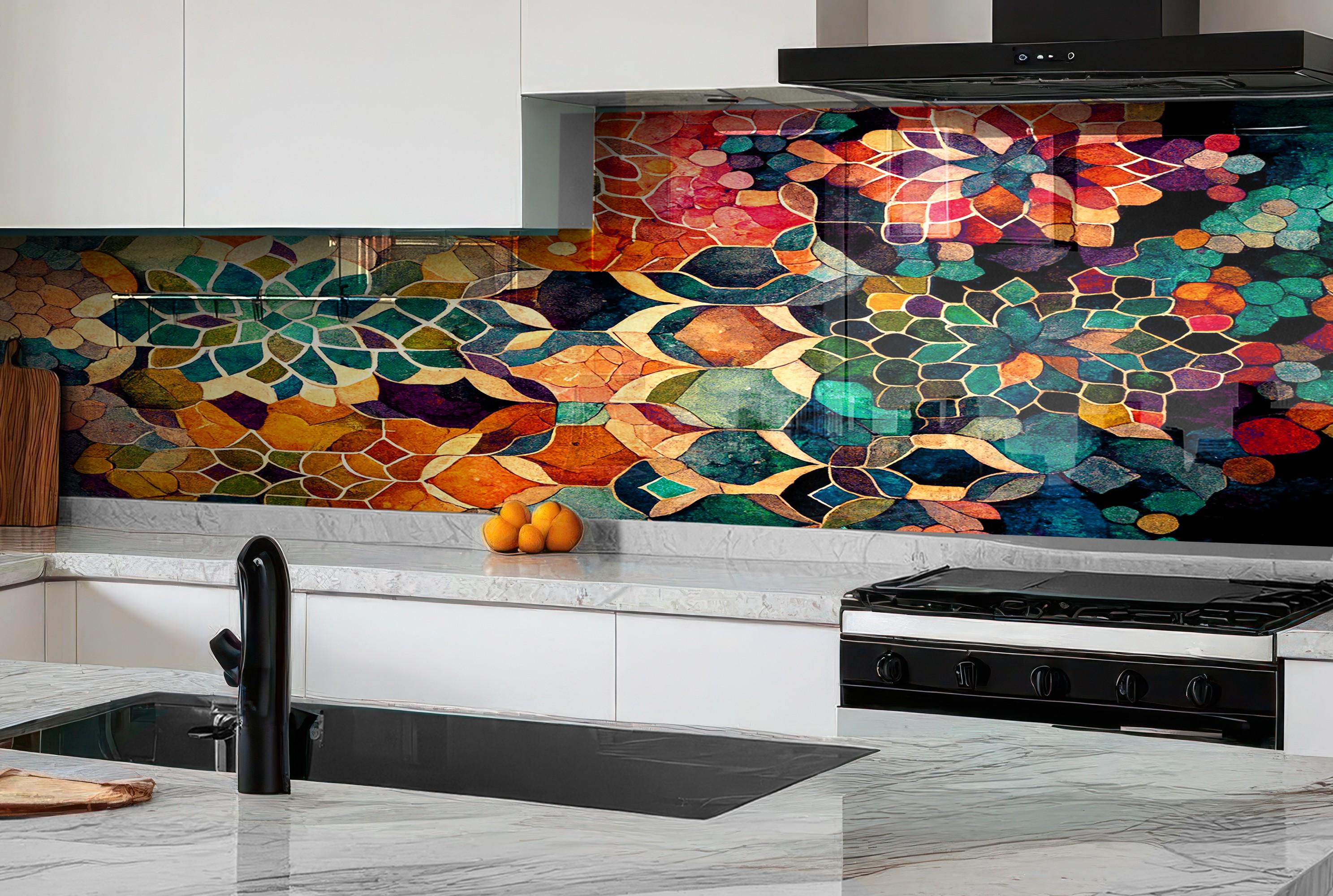 a kitchen with a stove top oven and a painting on the wall