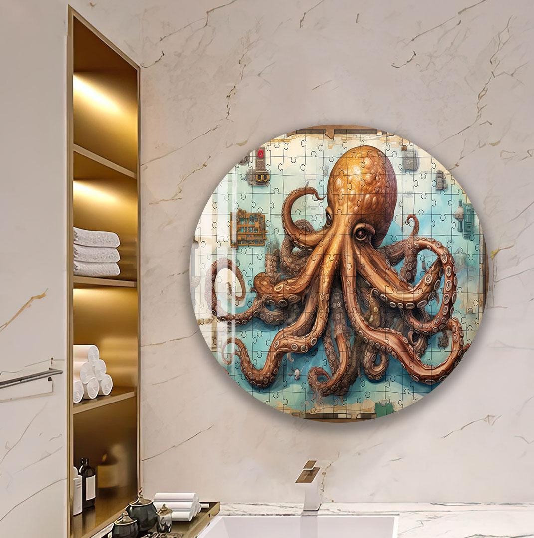 a large, detailed painting of an octopus on a wall in a bathroom.