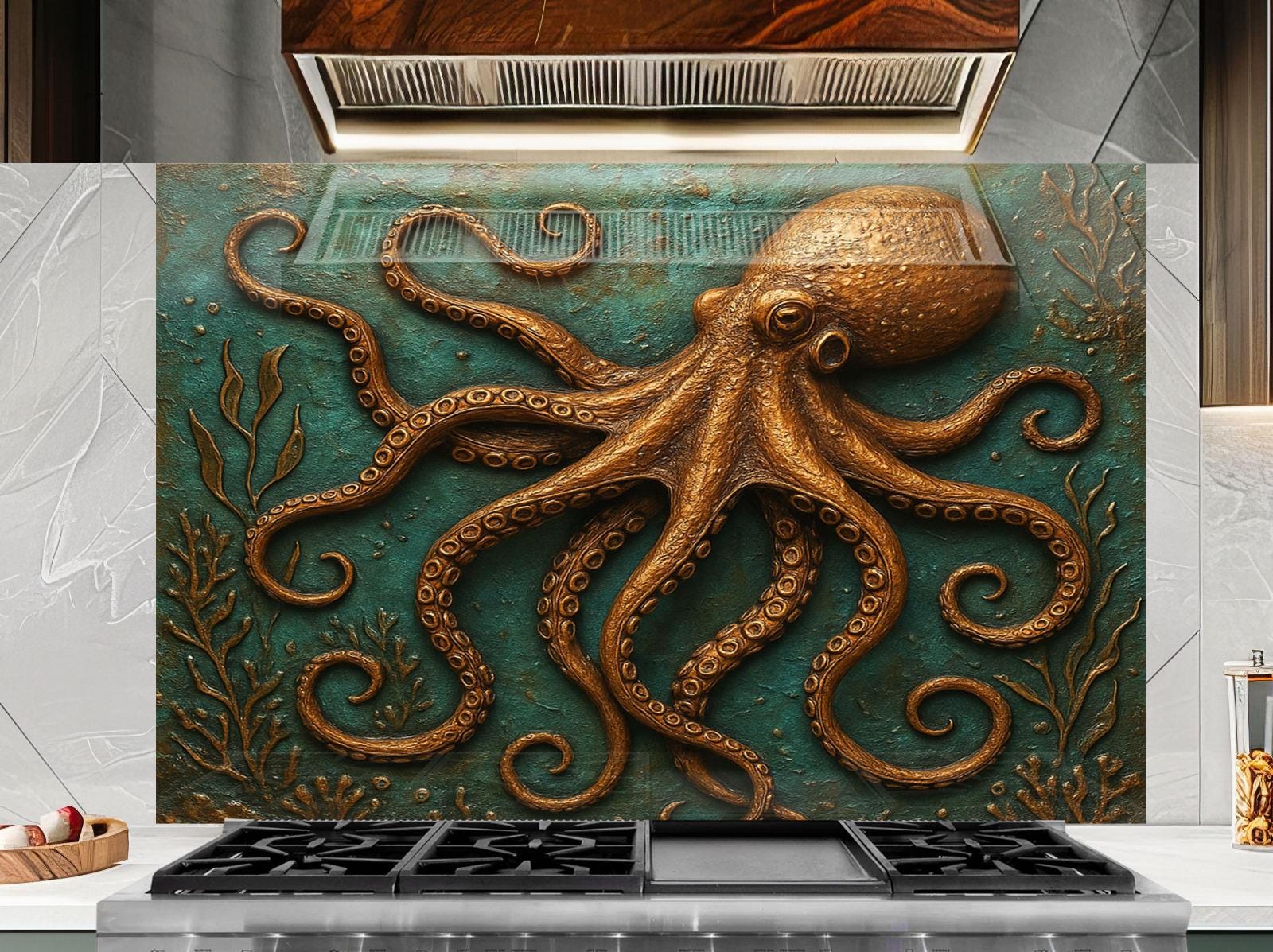 an octopus sculpture on a stove top in a kitchen