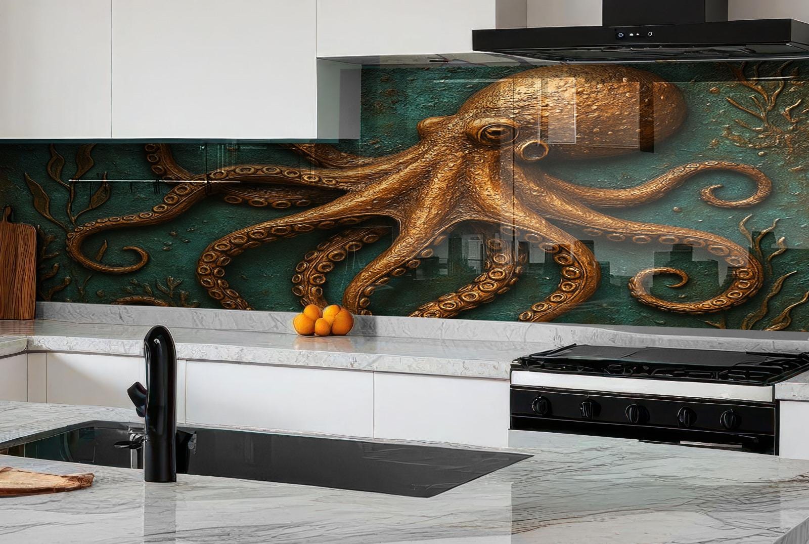 a kitchen with an octopus mural on the wall