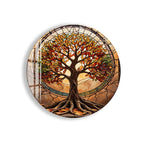A stained glass image depicting a tree with vibrant autumn leaves, set against a warm, earthy background.