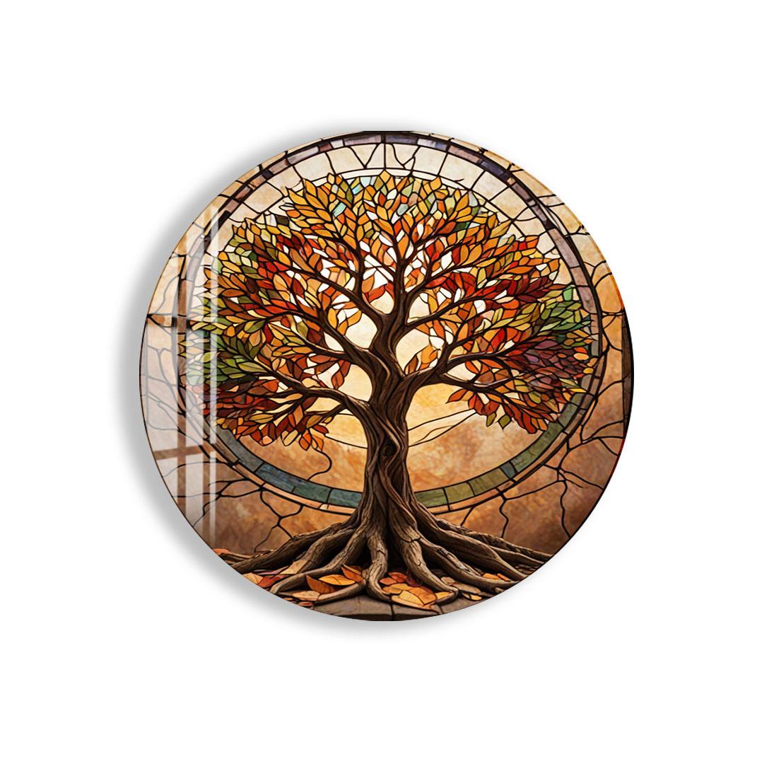 A stained glass image depicting a tree with vibrant autumn leaves, set against a warm, earthy background.