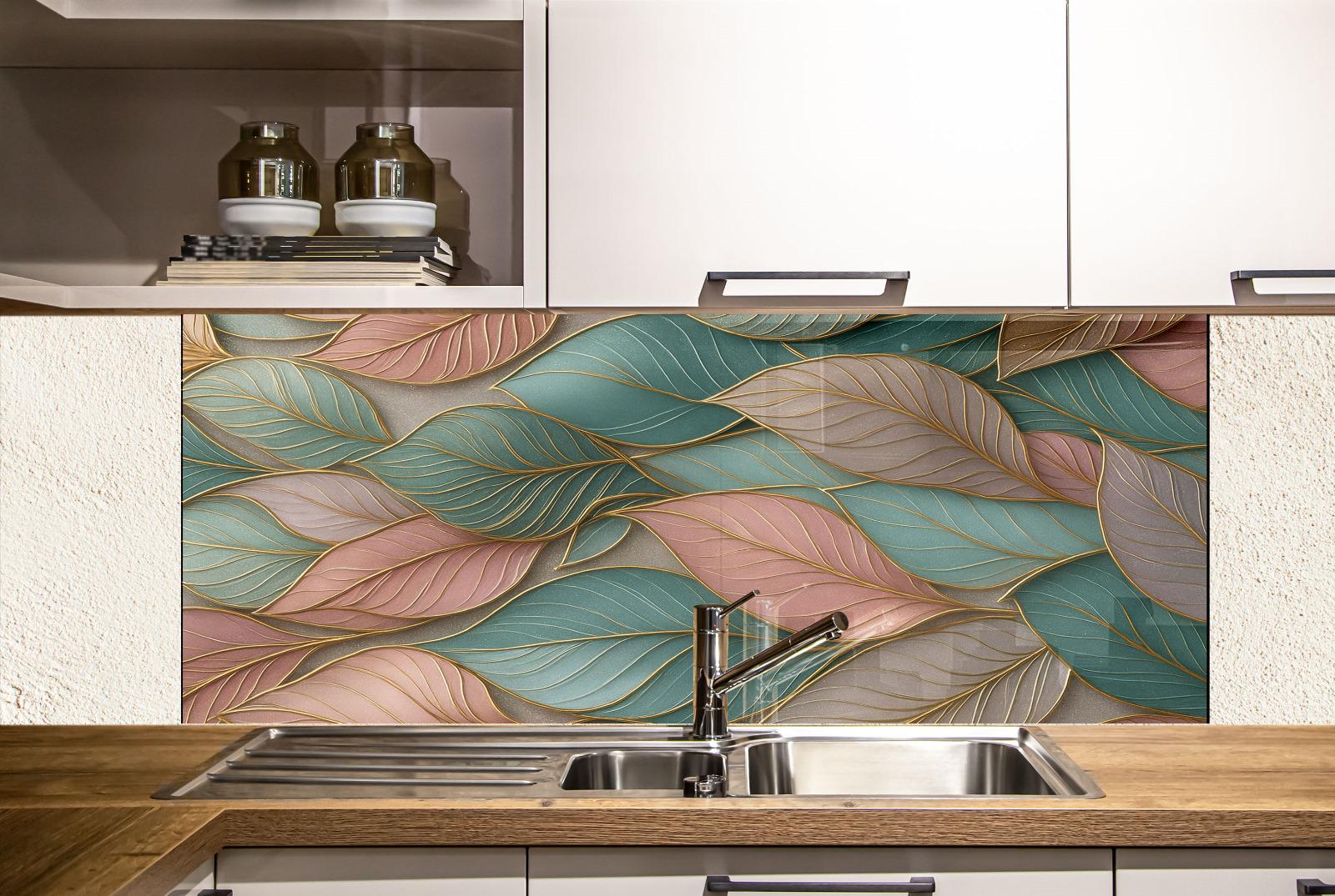 a kitchen with a sink, cabinets and a wall mural