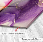 The image is a close-up of a glass surface with a purple and gold abstract design, and it is described as a &quot;Tempered Glass&quot; with a thickness of 4mm.