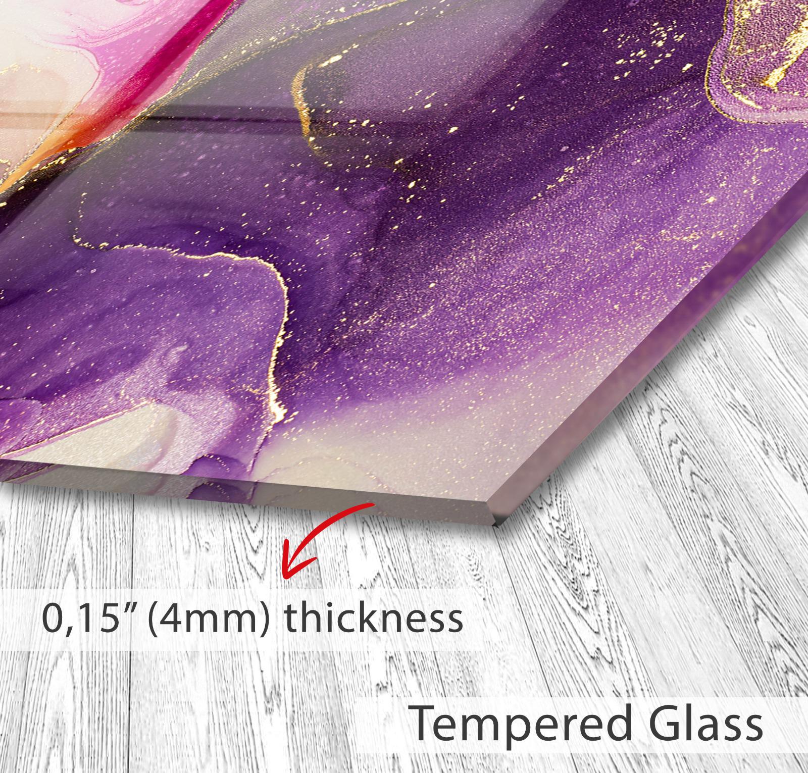 The image is a close-up of a glass surface with a purple and gold abstract design, and it is described as a &quot;Tempered Glass&quot; with a thickness of 4mm.