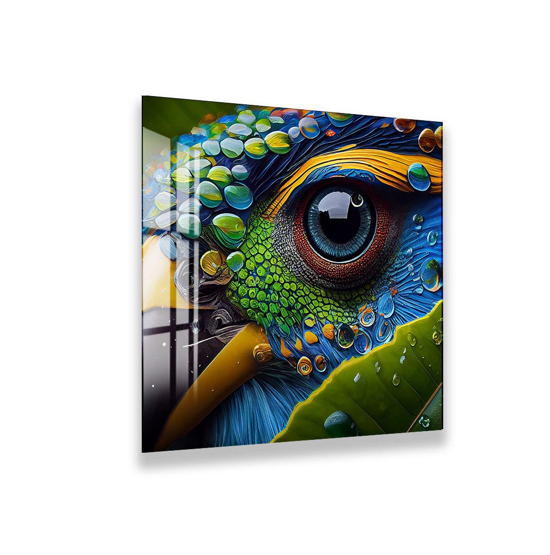 The image is a vibrant and colorful painting depicting a close-up of a bird's eye surrounded by a variety of colorful elements, including feathers, leaves, and water droplets.