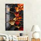 a large abstract painting with a striking color palette of red, orange, and black, hanging on a wall above a wooden table with a lamp and a coffee cup.