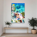 a vibrant underwater scene with a colorful fish swimming among coral and other marine life.