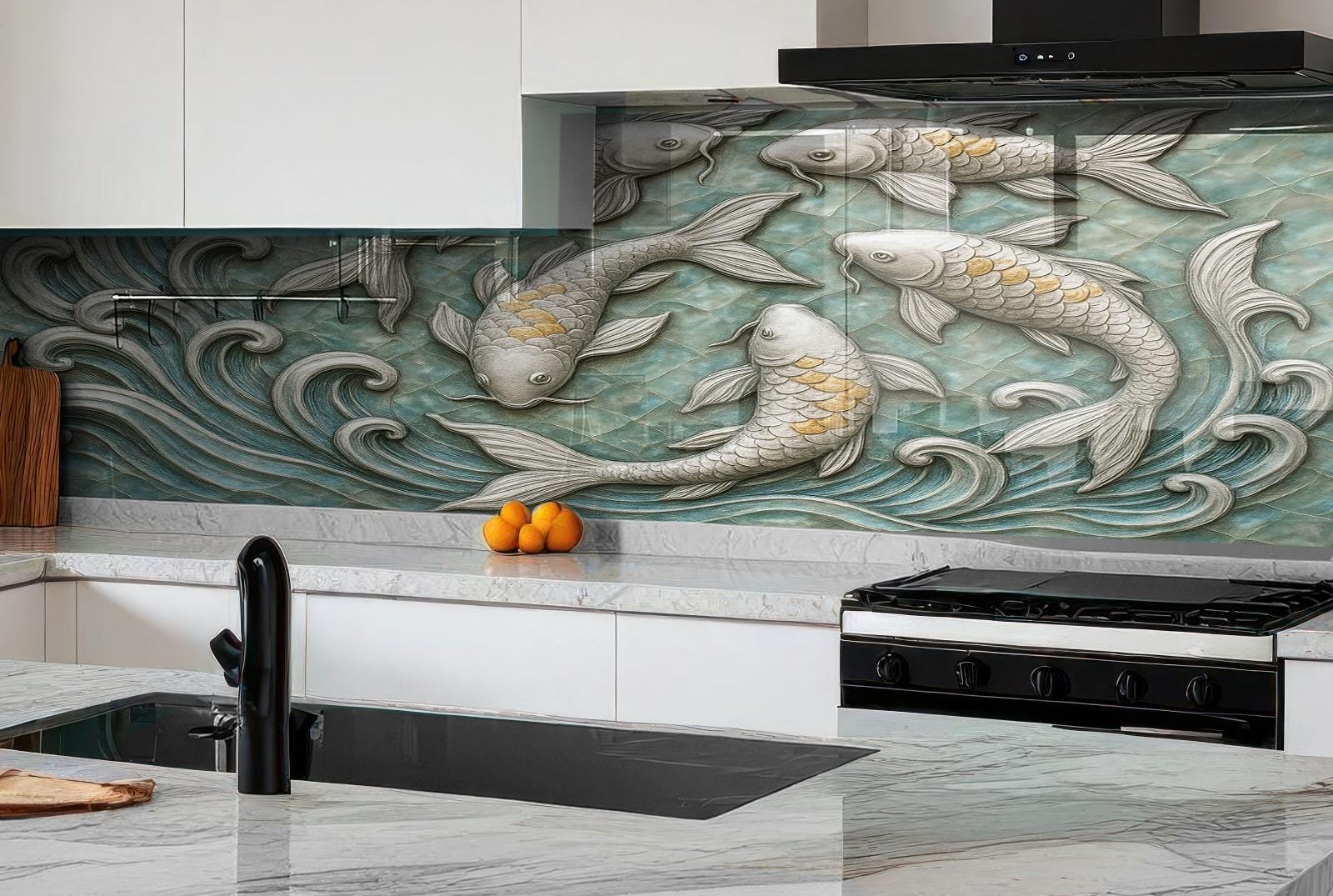 a kitchen with a stove top oven next to a counter top