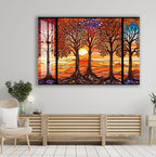 a large, colorful painting of trees with a sunset in the background, hanging on a wall above a wooden bench.