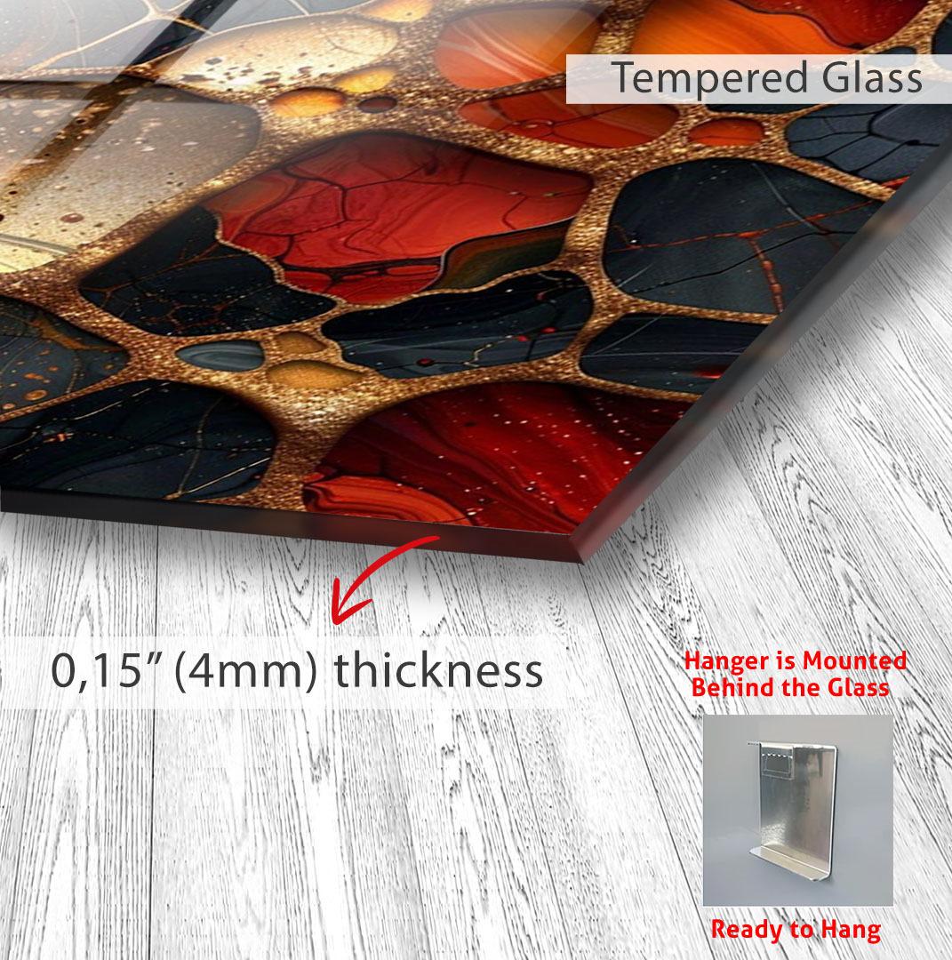 The image is a close-up of a glass surface with a colorful, abstract pattern. The glass appears to be Tempered Glass, which is known for its durability and resistance to scratches. The image is described as having a thickness of 0.15 millimeters (4mm). The glass is mounted behind the glass, and there is a hanger installed below it, ready to hang.