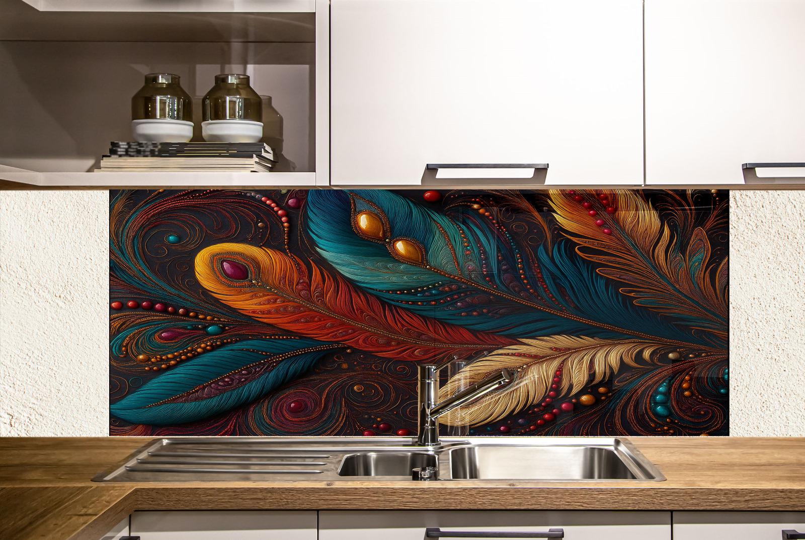 a kitchen with a sink and a painting on the wall