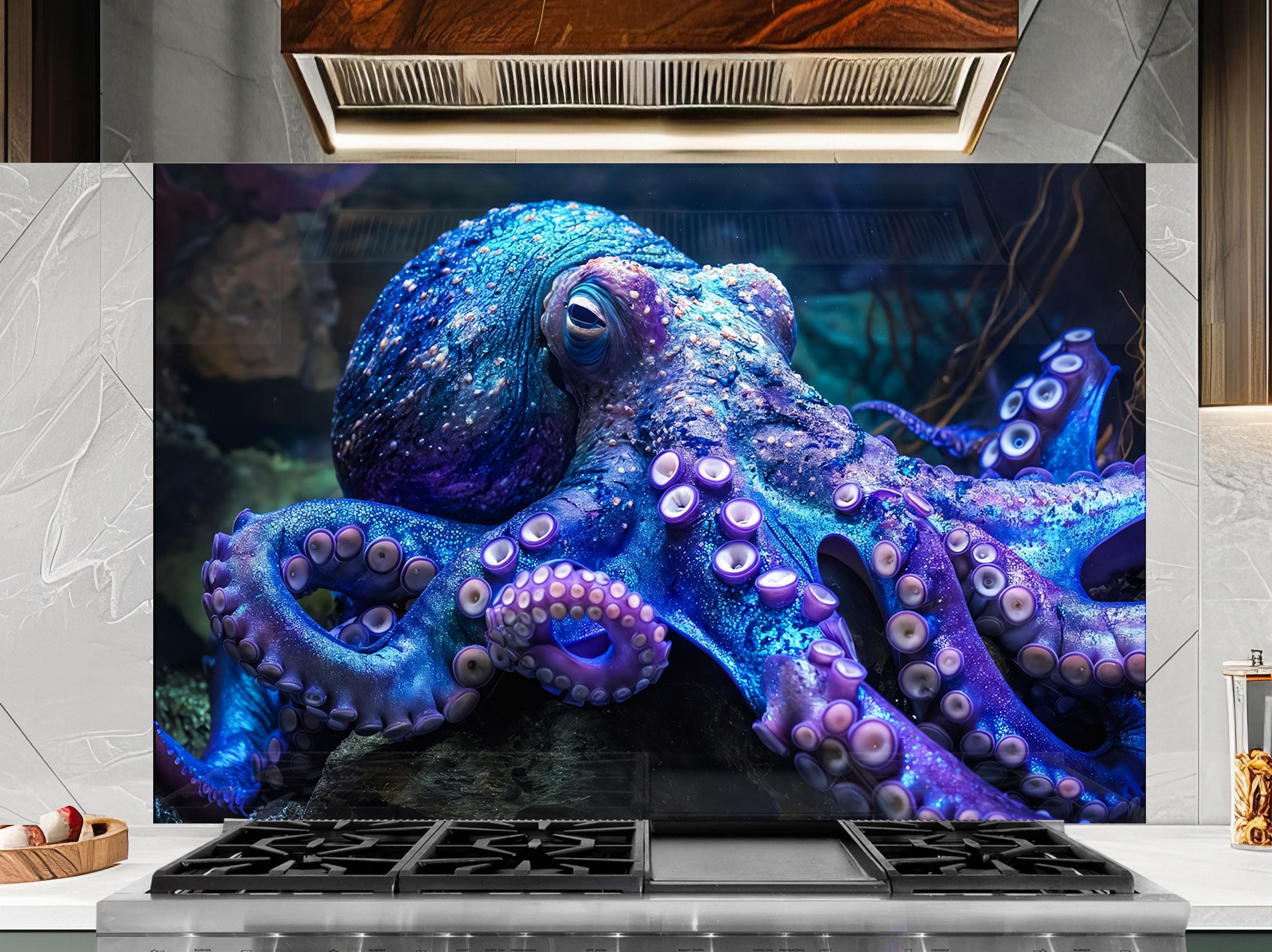 a blue and purple octopus is on the wall of a kitchen