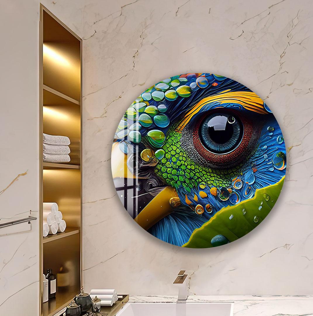 a large, colorful, and detailed painting of a bird's eye on a wall, with various elements such as feathers, water droplets, and a vibrant background.