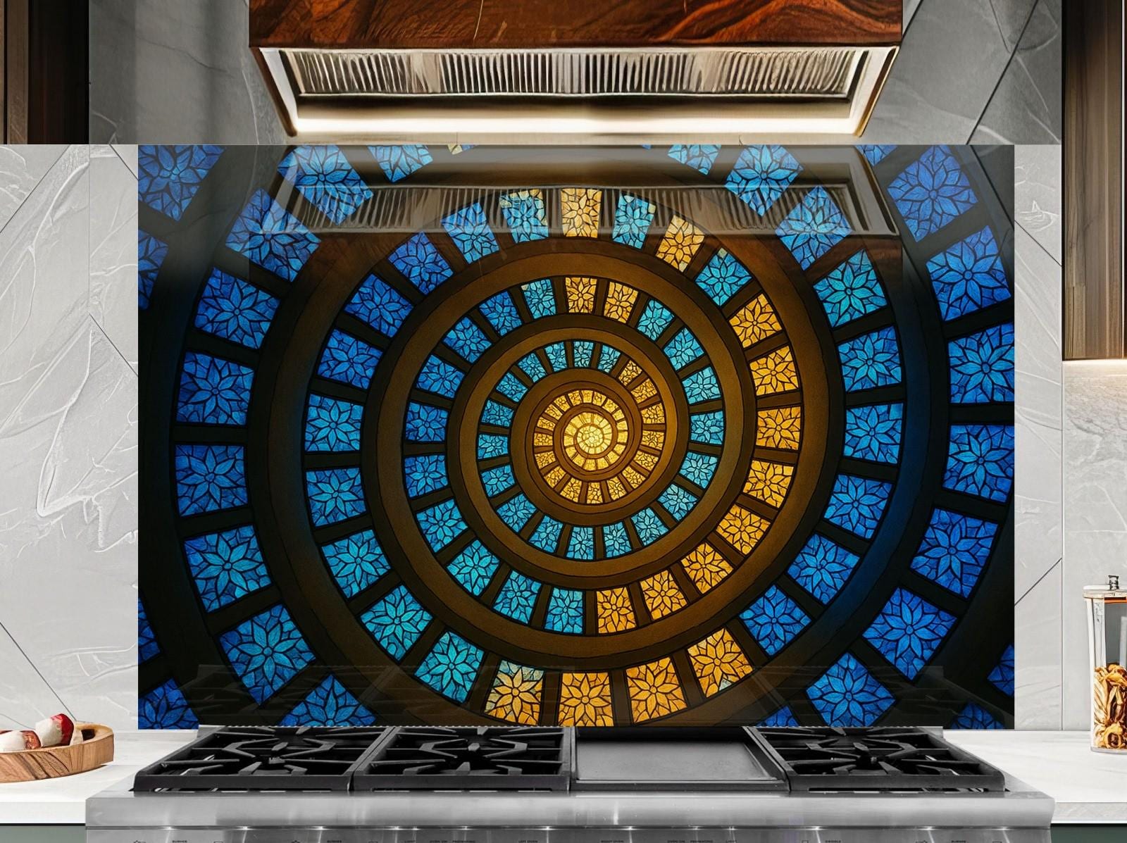 a stove top sitting under a stained glass window