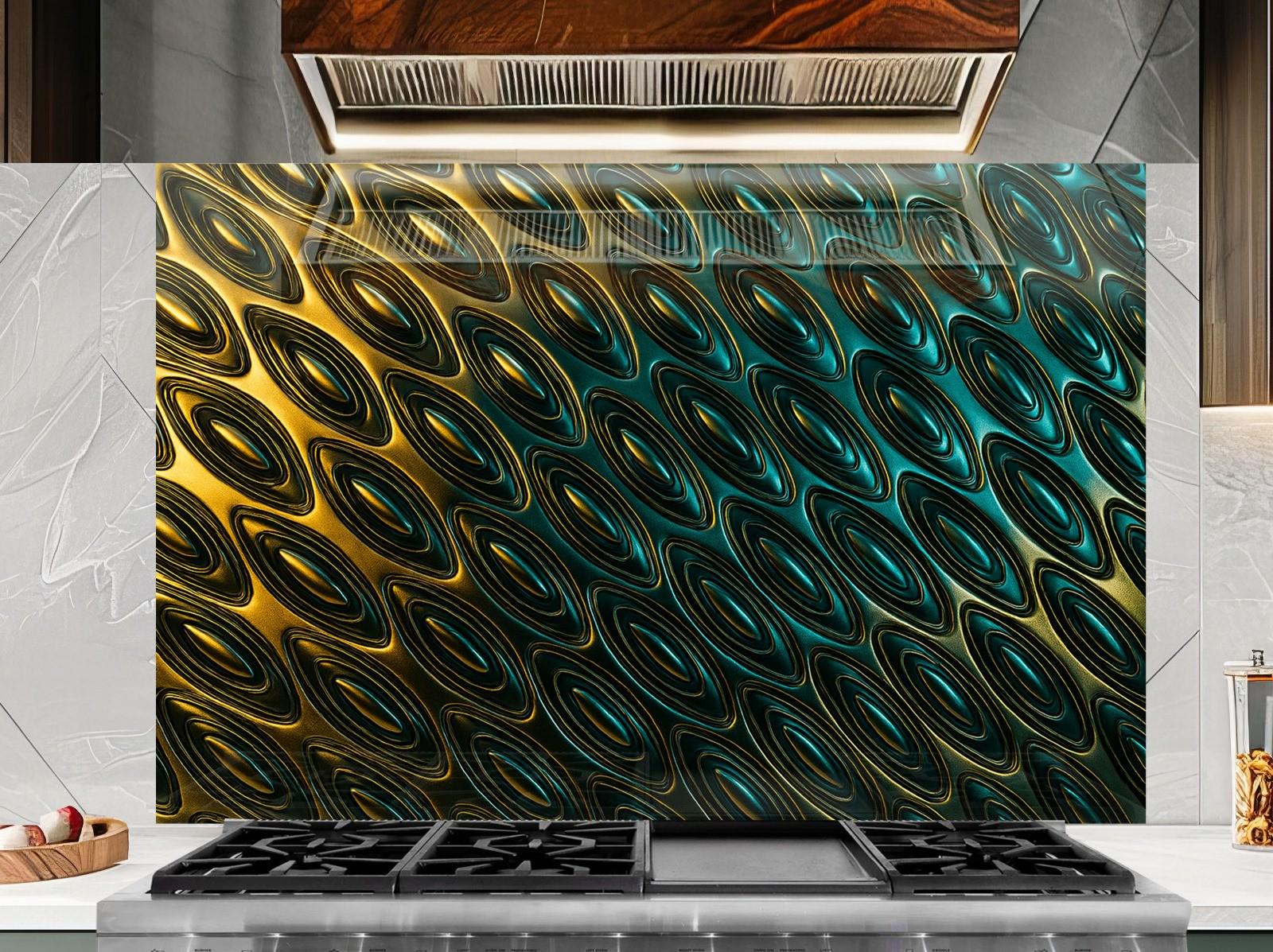 a kitchen with a stove top and a marble wall