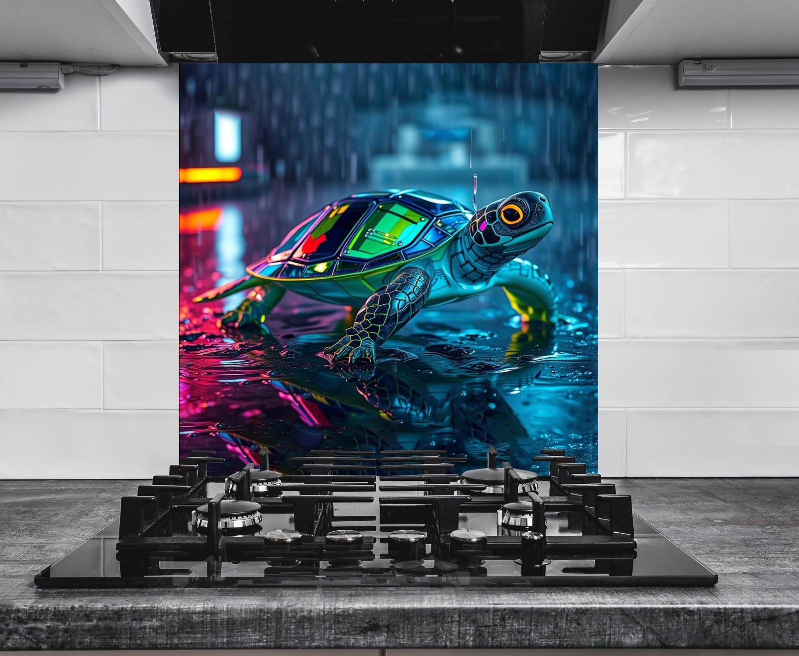 a painting of a turtle on a gas stove