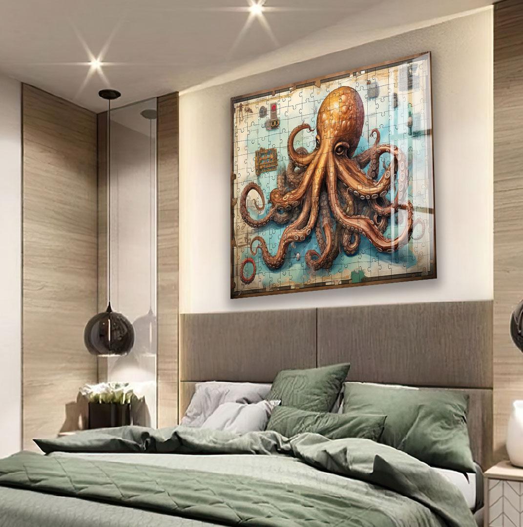 a large framed painting of an orange octopus on the wall above a bed with green bedding.
