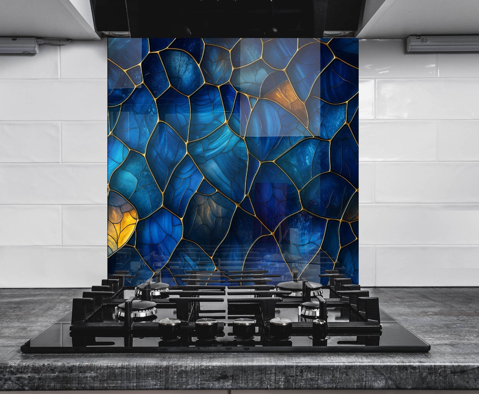 a stove top sitting under a stained glass window