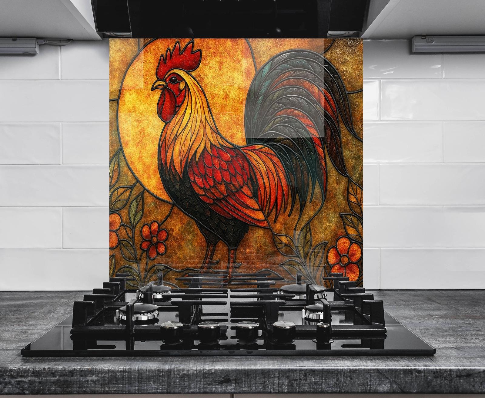 a painting of a rooster on a tile wall