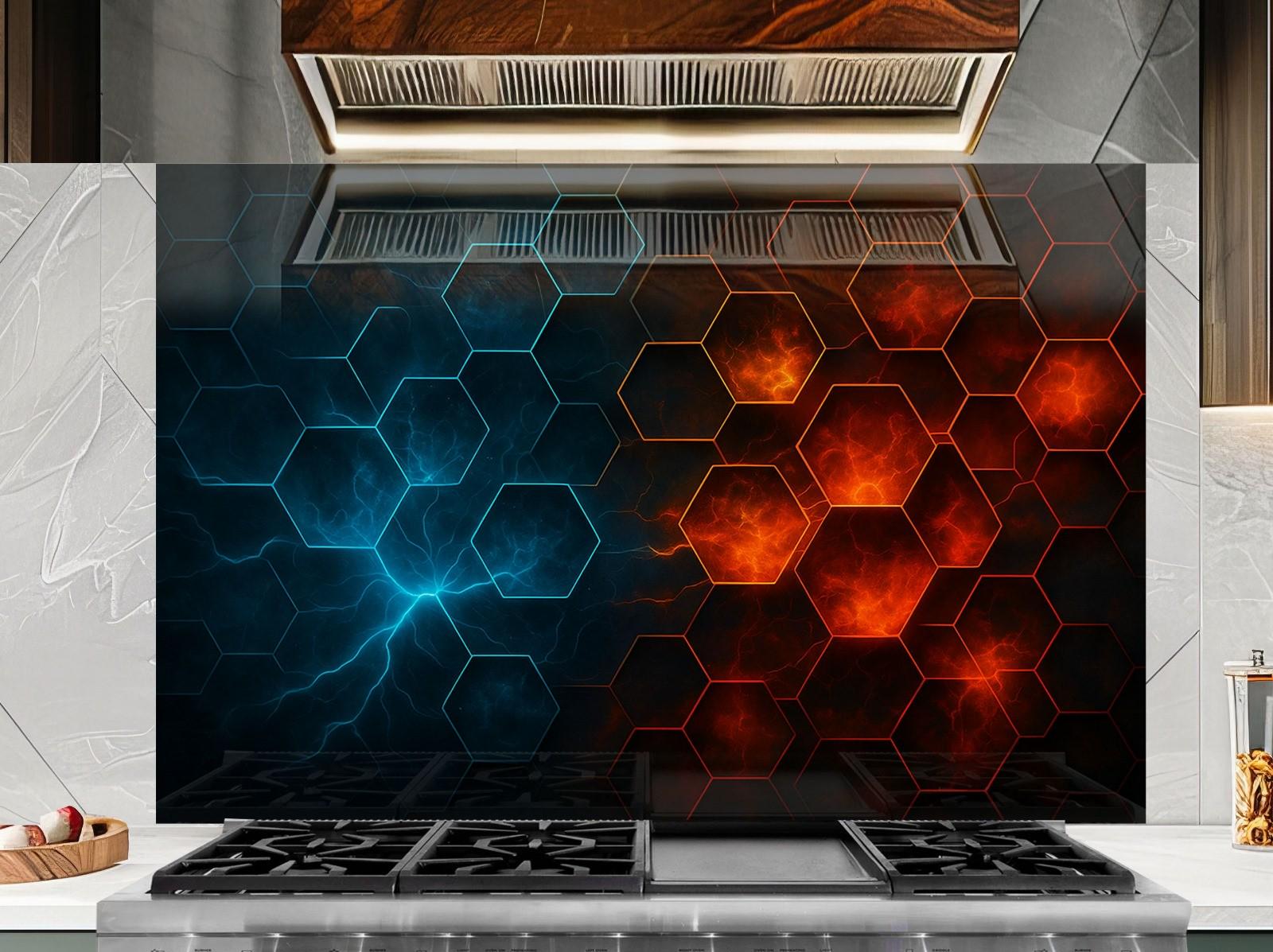 a kitchen with a stove top and a wall mural