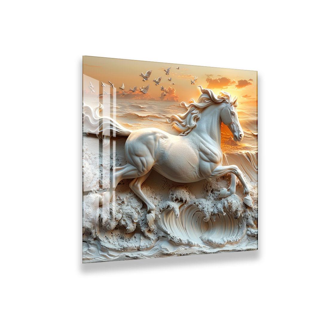 a white horse galloping on a wave, with a flock of birds flying in the background.