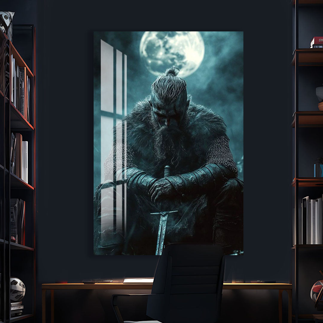Vikings Glass Wall Art – Viking Warrior Under the Moon Poster