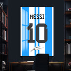 Lionel Messi Glass Wall Art – Iconic Argentina Number 10 Jersey Sports Decor