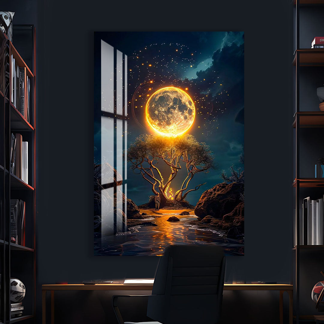 Fantasy Moon Glass Wall Art – Magical Night Tree & Moonlight Design for Modern Interiors