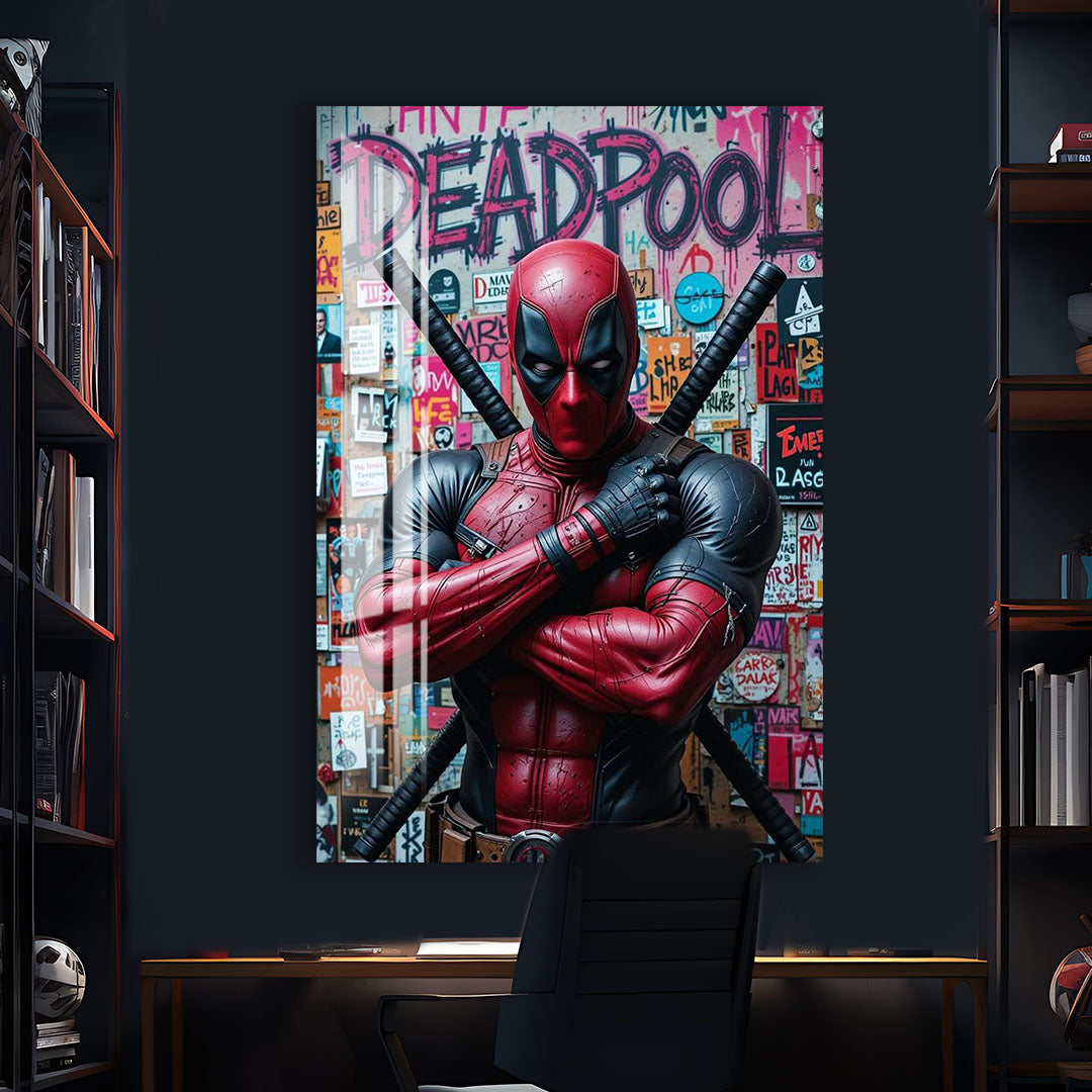 Deadpool Graffiti Glass Wall Art – Marvel Superhero Home Decor