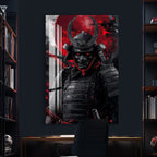 Samurai Warrior Glass Wall Art – Dark Red Japanese Gaming Poster for Modern Setups