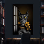 Cool Doberman Glass Wall Art – Bold Modern Decor with Golden Gun Design