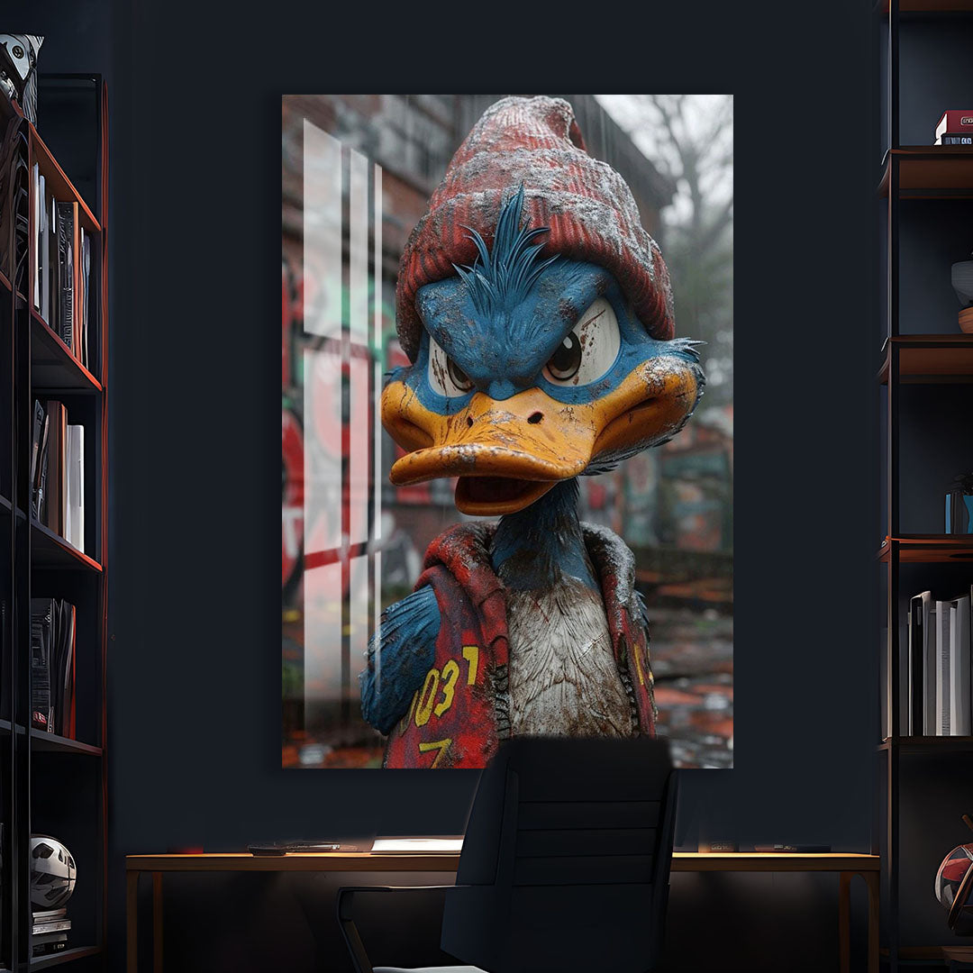 Street Duck Glass Wall Art – Urban Graffiti Style Cool Cartoon Decor