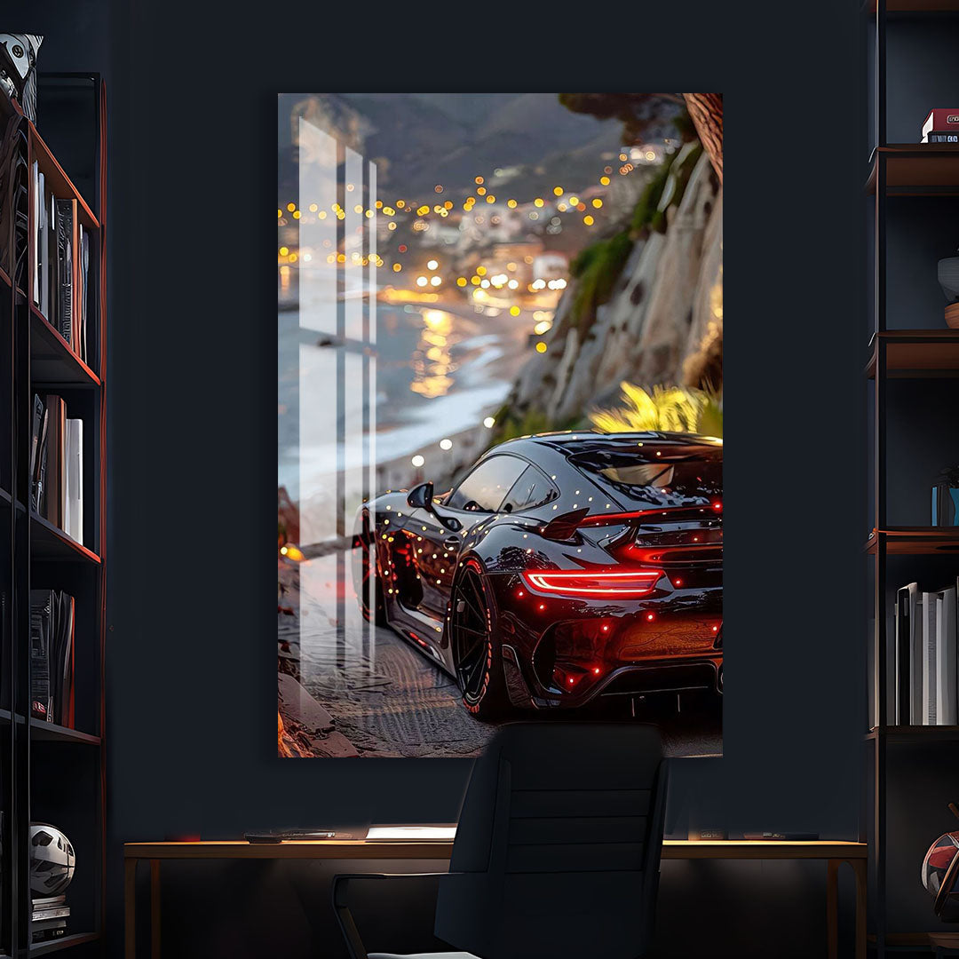 Luxury Supercar Glass Wall Art – Modern Black Sports Car Decor for Home & Office