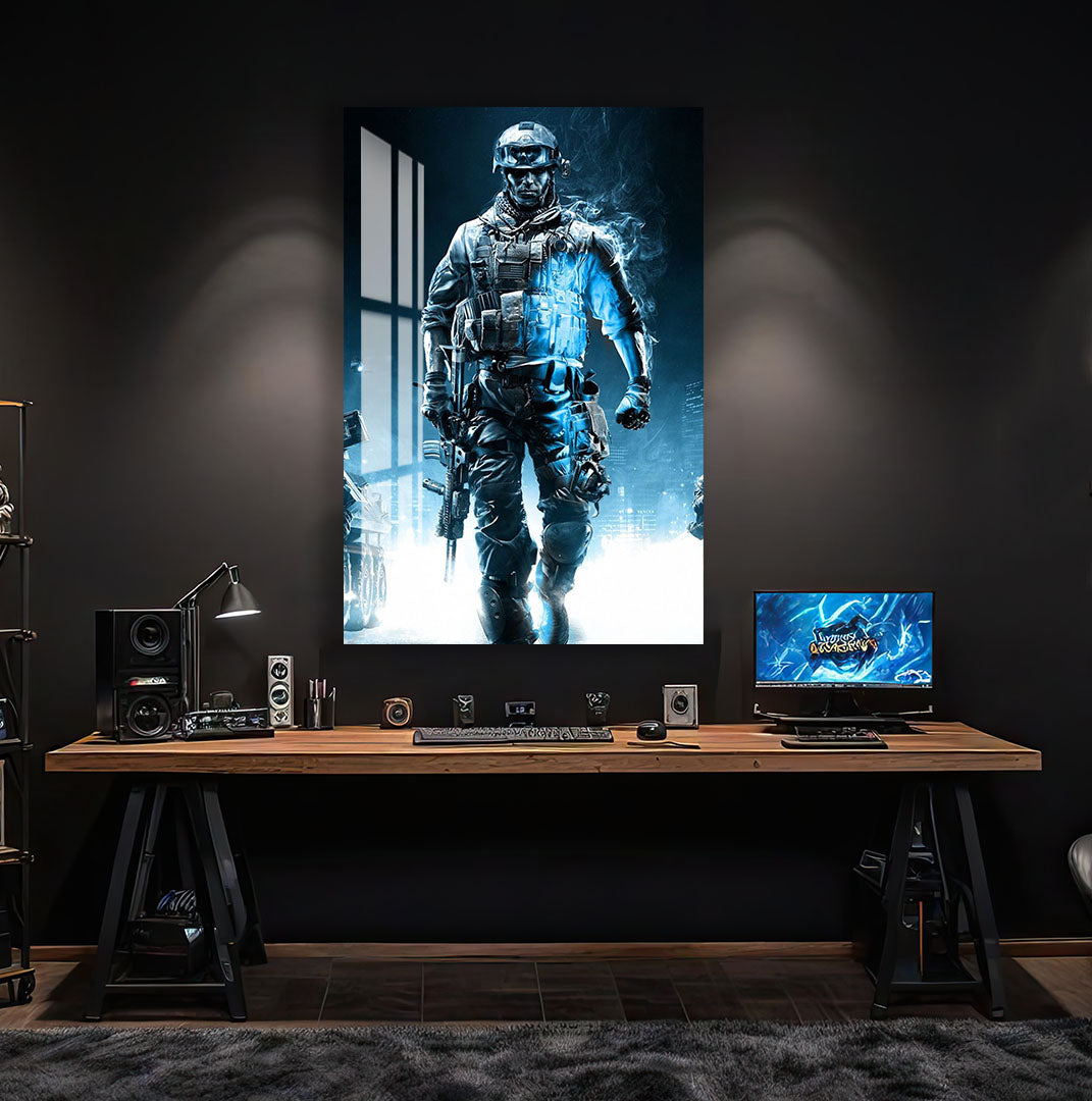 Battlefield Soldier Glass Wall Art – Epic Gaming Decor for Modern Interiors