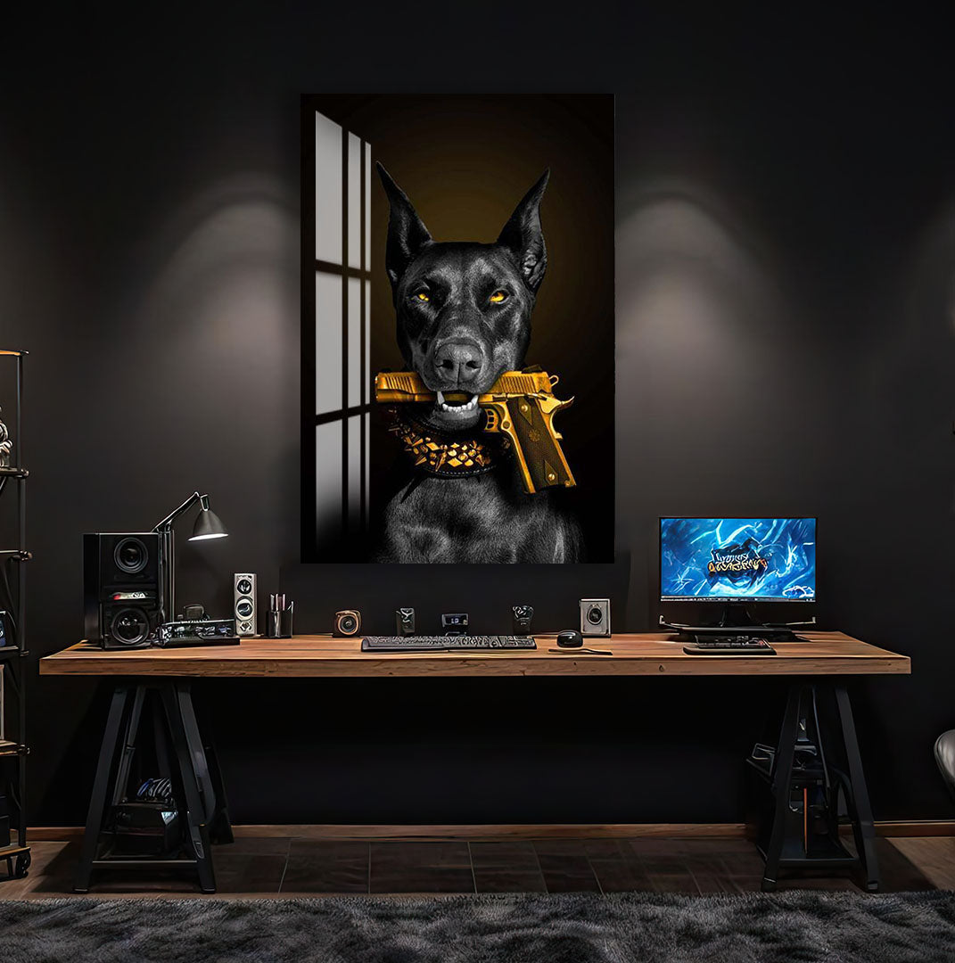 Cool Doberman Glass Wall Art – Bold Modern Decor with Golden Gun Design