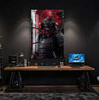 Samurai Warrior Glass Wall Art – Dark Red Japanese Gaming Poster for Modern Setups