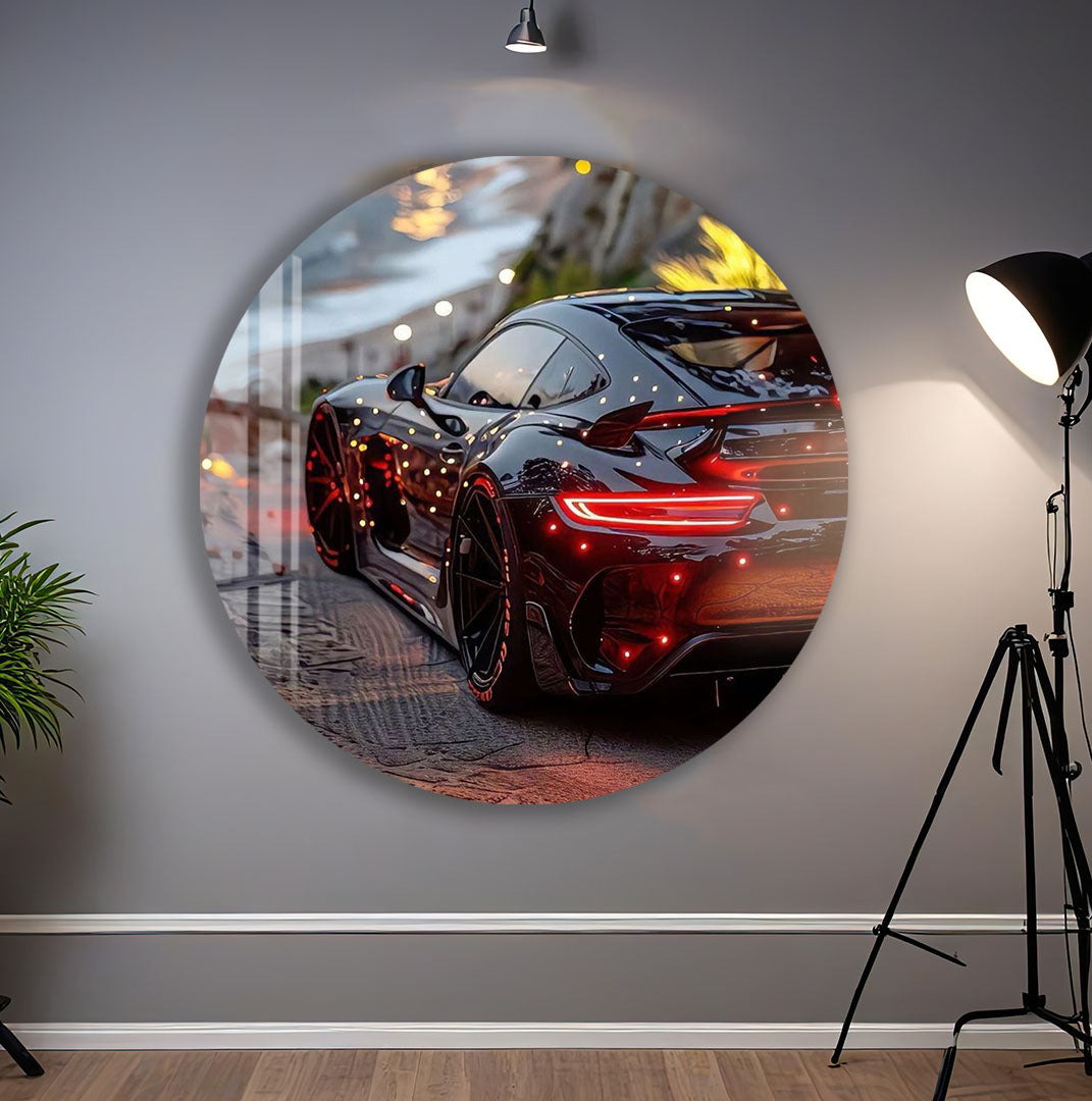 Luxury Supercar Glass Wall Art – Modern Black Sports Car Decor for Home & Office